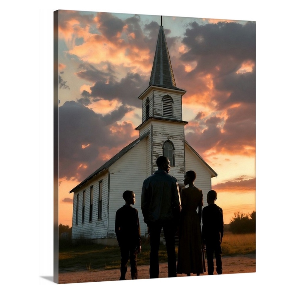 1940’s African Family - Oil Painting - Sunset Church Canvas Art - 16x20